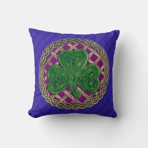 Purple Shamrock Celtic Knots On Blue Plaid Throw Pillow