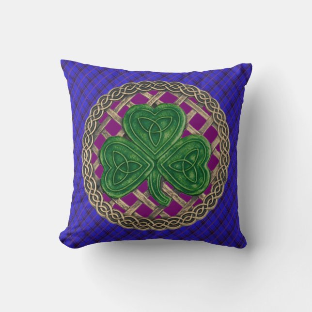 Purple Shamrock Celtic Knots On Blue Plaid Throw Pillow (Front)