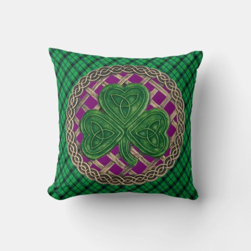 Purple Shamrock Celtic Knots On Green Plaid Throw Pillow