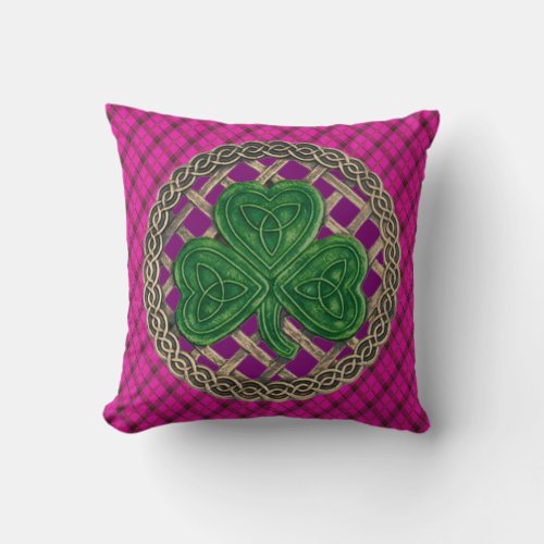 Purple Shamrock Celtic Knots On Pink Plaid Throw Pillow