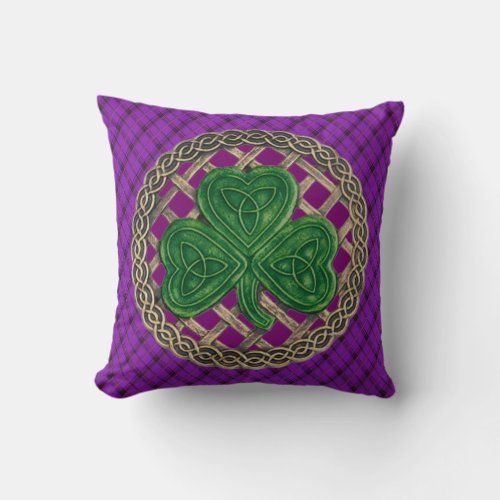 Purple Shamrock Celtic Knots On Purple Plaid Throw Pillow