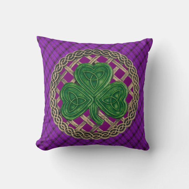 Purple Shamrock Celtic Knots On Purple Plaid Throw Pillow (Front)