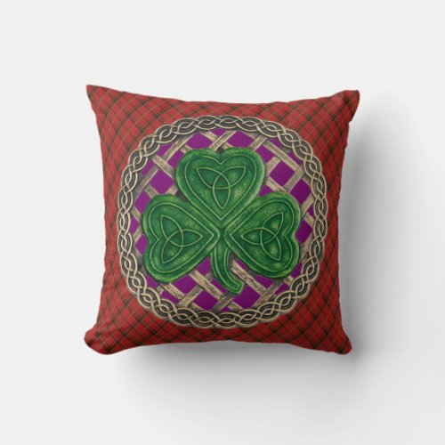 Purple Shamrock Celtic Knots On Red Plaid Throw Pillow