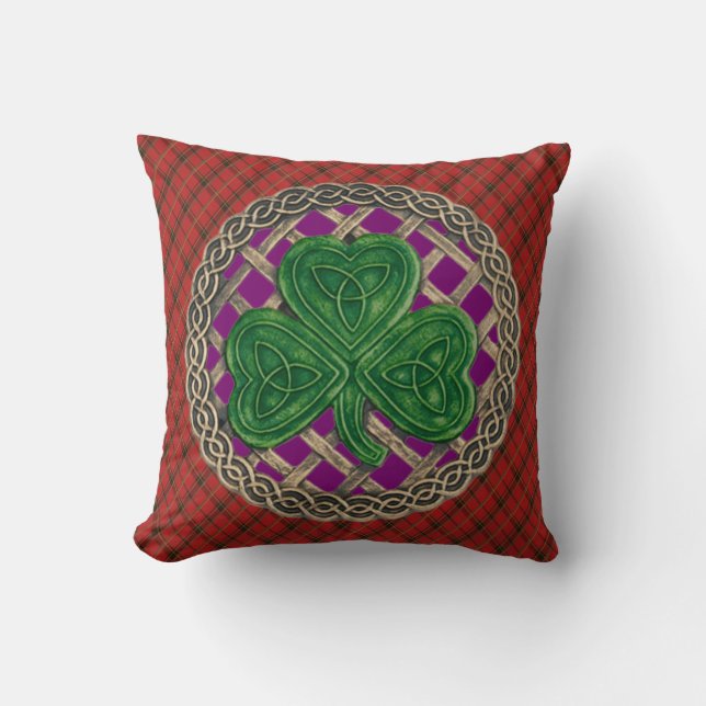 Purple Shamrock Celtic Knots On Red Plaid Throw Pillow (Front)
