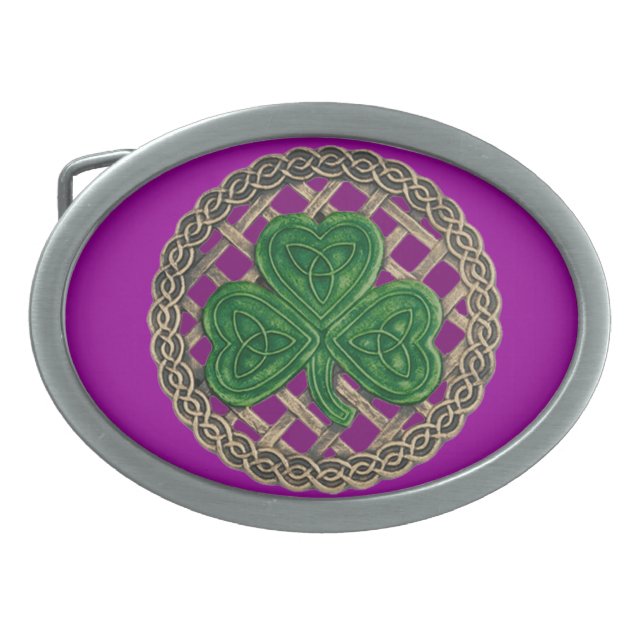Purple Shamrock On Celtic Knots Belt Buckle (Front)