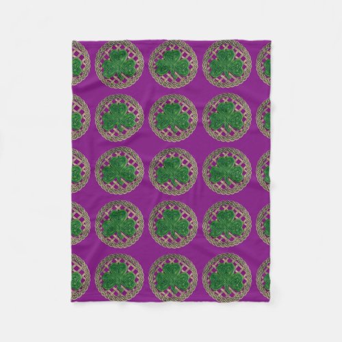 Purple Shamrock On Celtic Knots Fleece Blanket