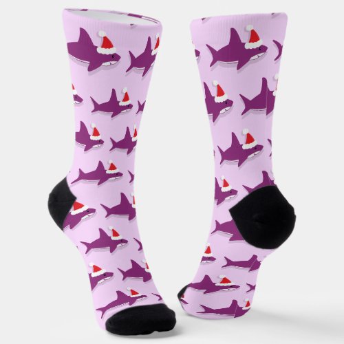 Purple Shark Santa Hat Christmas Socks
