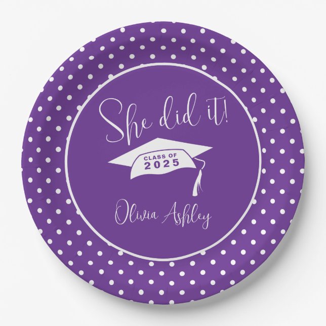 Purple She Did It Graduation Paper Plates (Front)