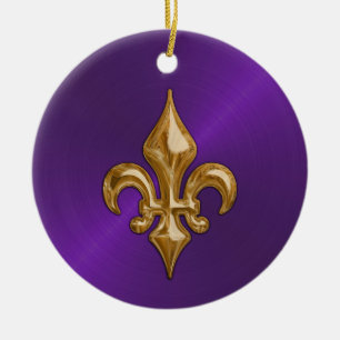 Purple Sheen and Gold Fleur de Lis Ceramic Ornament