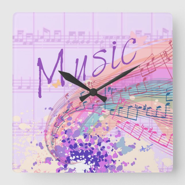 Purple Sheet Music Colorsplash Square Wall Clock (Front)