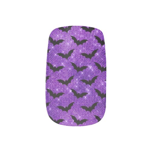 Purple Shimmer Glitter and Black Bats Halloween Minx Nail Art