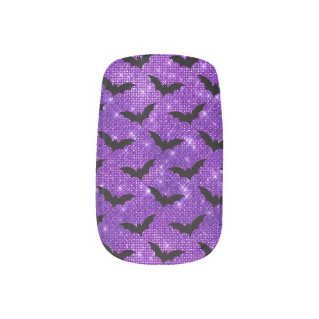 Purple Shimmer Glitter and Black Bats Halloween Minx Nail Art (Left Thumb)
