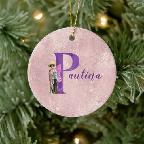 Purple Shimmer Illustrated Letter P Add Name   Ceramic Ornament