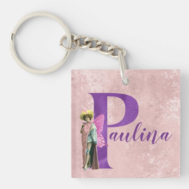 Purple Shimmer Illustrated Letter P Add Name Keychain (Front)