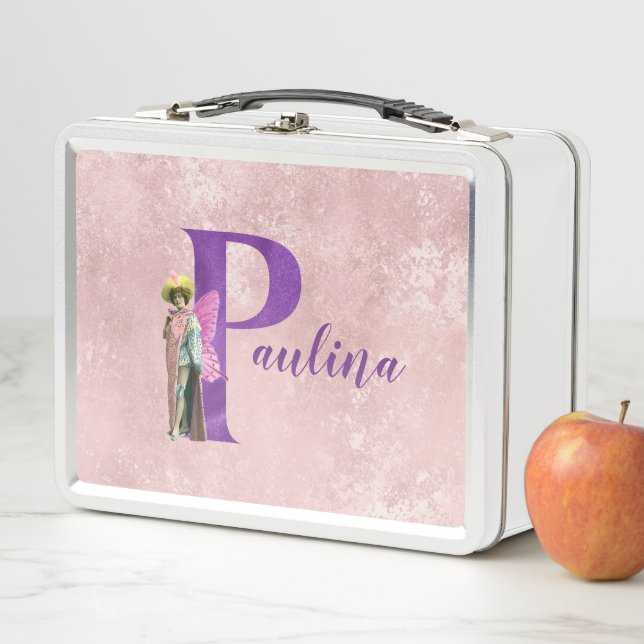 Purple Shimmer Illustrated Letter P Add Name  Metal Lunch Box (In Situ)