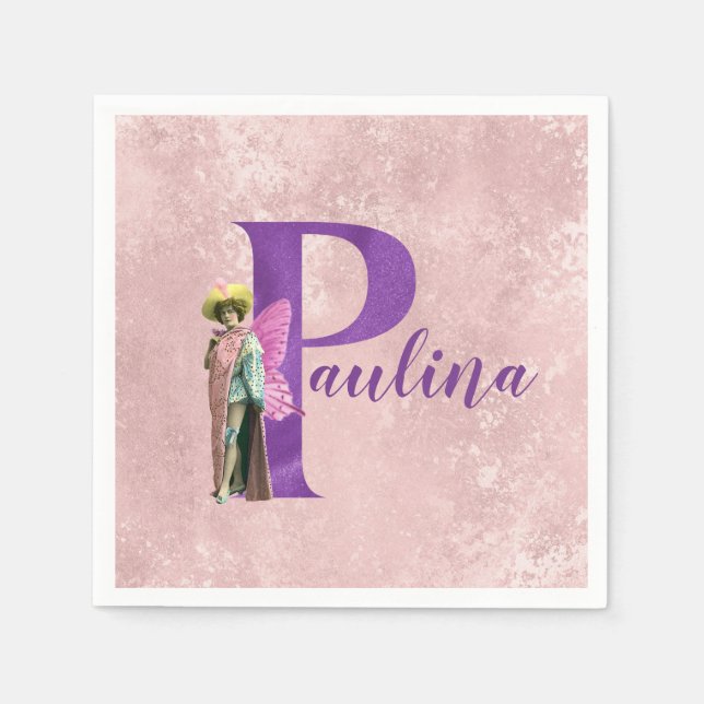 Purple Shimmer Illustrated Letter P Add Name  Napkins (Front)