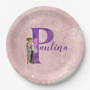 Purple Shimmer Illustrated Letter P Add Name  Paper Plates