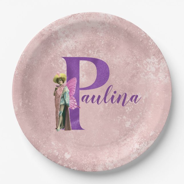 Purple Shimmer Illustrated Letter P Add Name  Paper Plates (Front)