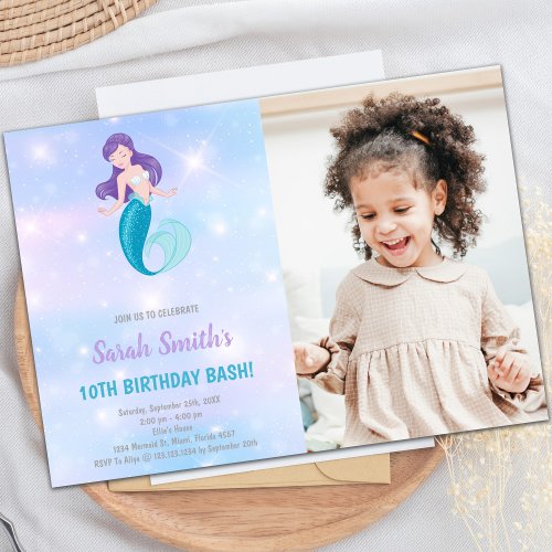 Purple shine Mermaid Birthday Invitations w Photo