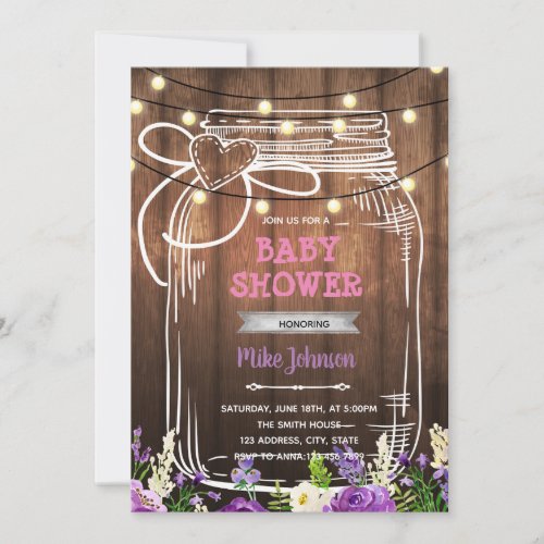 Purple shower mason jar birthday invitation