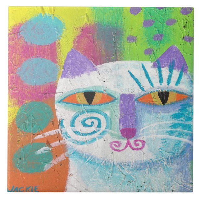 Purple Siamese Cat Abstract Painting Ceramic Tile (Front)