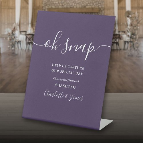 Purple Signature Script Oh Snap Wedding Pedestal Sign