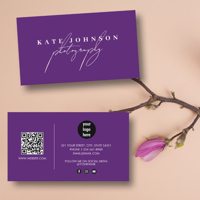 Purple Signature Script QR Code Social Media Business Card (Purple Signature Script QR Code Social Media Business Card)