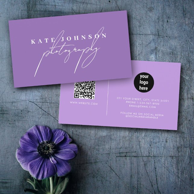 Purple Signature Script QR Code Social Media  Business Card (Purple Signature Script QR Code Social Media Business Card)