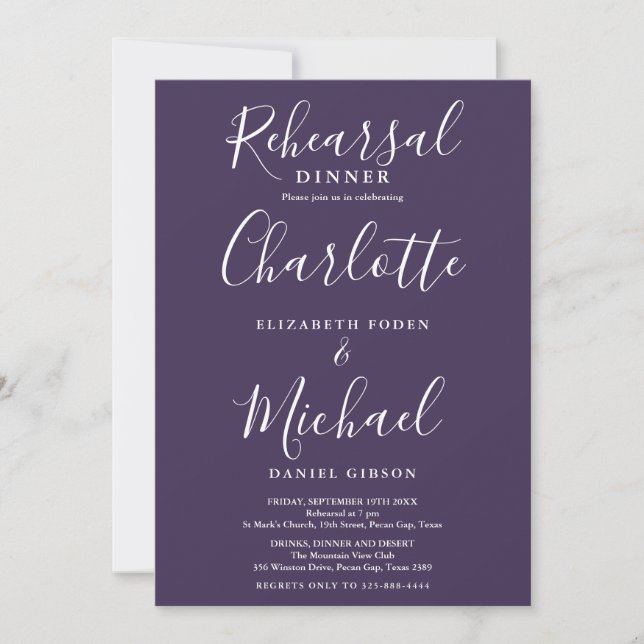 Purple Signature Script Rehearsal Dinner Invitation (Front)