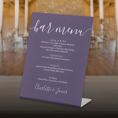 Purple Signature Script Wedding Bar Menu Pedestal Sign