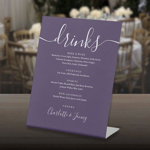 Purple Signature Script Wedding Drinks Menu  Pedestal Sign