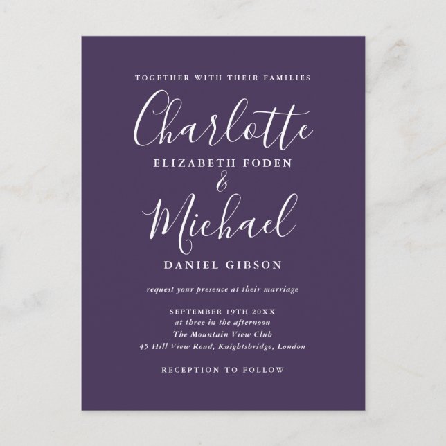 Purple Signature Script Wedding Invitation Postcard (Front)