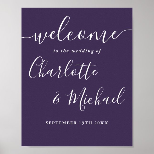 Purple Signature Script Wedding Welcome Sign (Front)