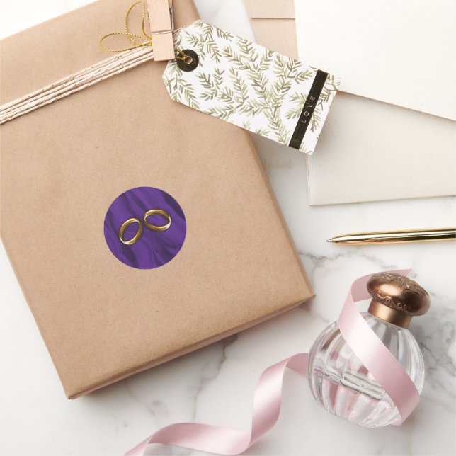 Purple Silk and Gold Wedding Classic Round Sticker (Gifting)