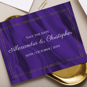 Purple Silk and Gold Wedding Save the Date Announcement Postcard