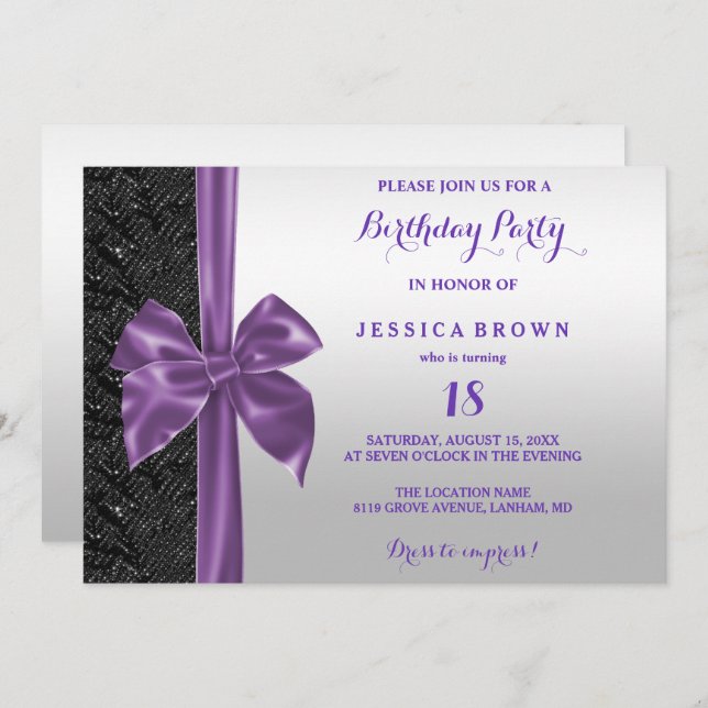 Purple Silk Bow Black Sequins 18th Birthday Invitation (Front/Back)