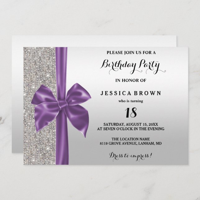 Purple Silk Bow Silver Sequins 18th Birthday Invitation (Front/Back)