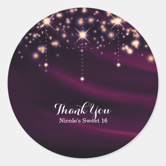 Purple Silk & Gold Sparkle Glam Party Favor Classic Round Sticker (Front)