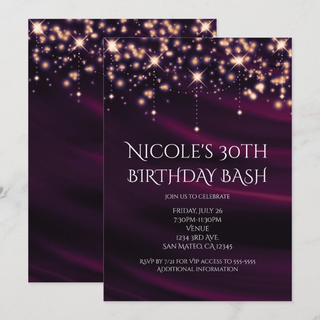 Purple Silk & Gold Sparkle Glam Party Invitation (Front/Back)