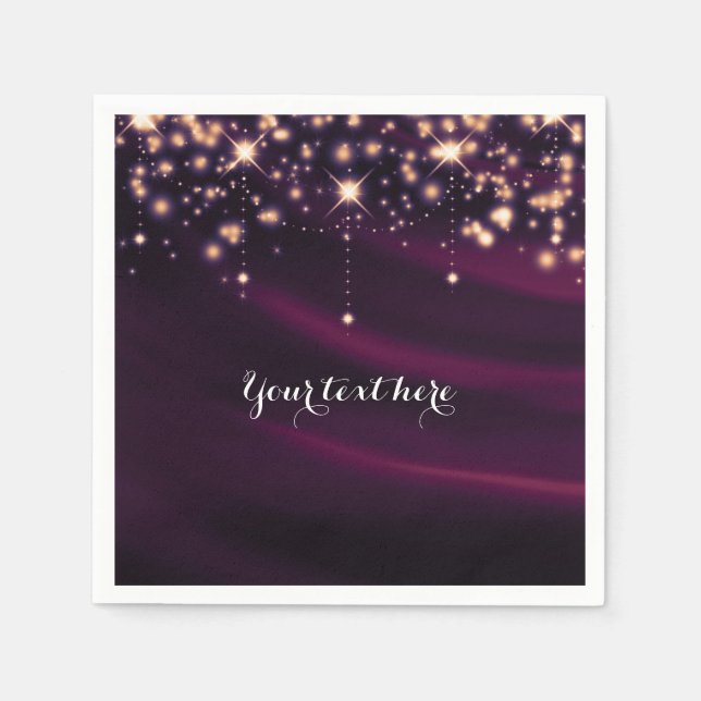 Purple Silk & Gold Sparkles Elegant Glam Party Paper Napkins (Front)