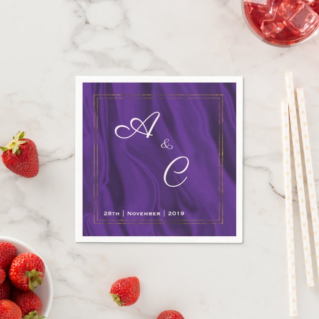 Purple Silk Monogrammed Wedding Napkins (Insitu)