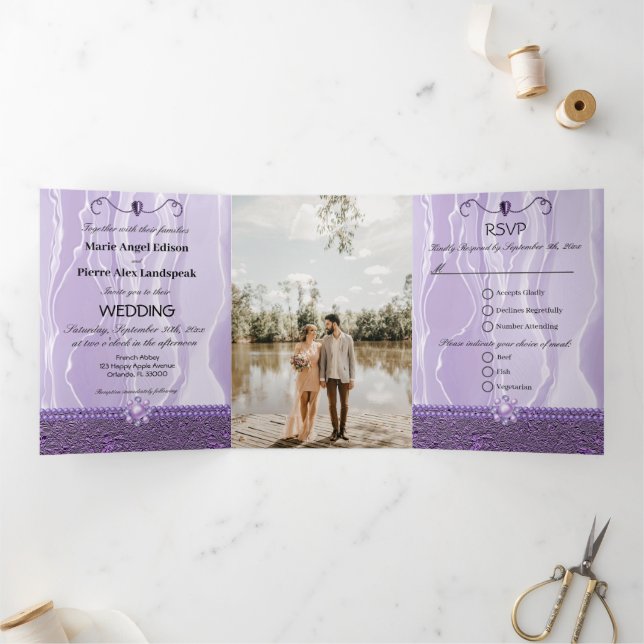 Purple Silk & Purple Foil & Pearls, Diamonds Tri-F Tri-Fold Invitation (Inside)