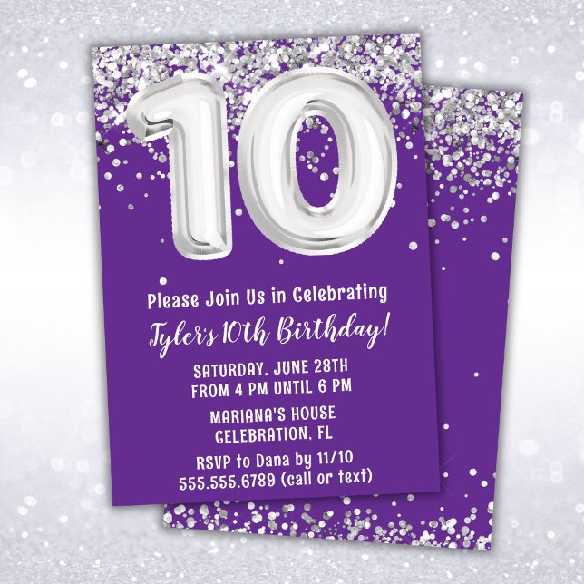 Purple Silver 10th Birthday Party Invitation (Creator Uploaded)
