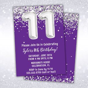 Purple Silver 11th Birthday Party Invitation