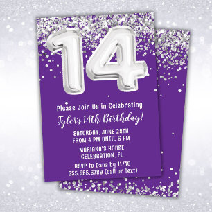 Purple Silver 14th Birthday Party Invitation