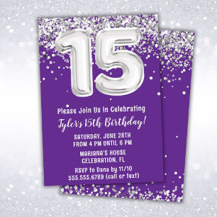 Purple Silver 15th Birthday Party Invitation