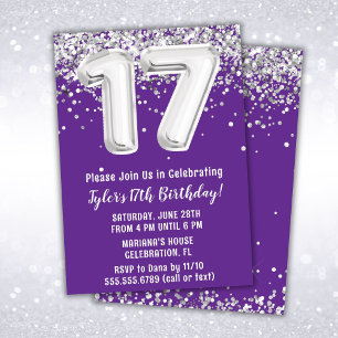 Purple Silver 17th Birthday Party Invitation