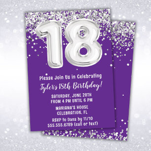 Purple Silver 18th Birthday Party Invitation