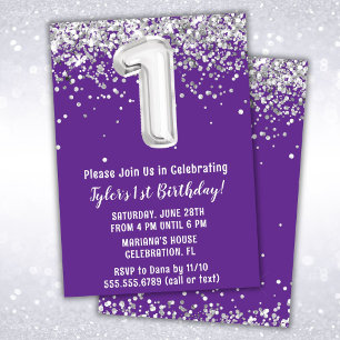 Purple Silver 1st Birthday Party Invitation