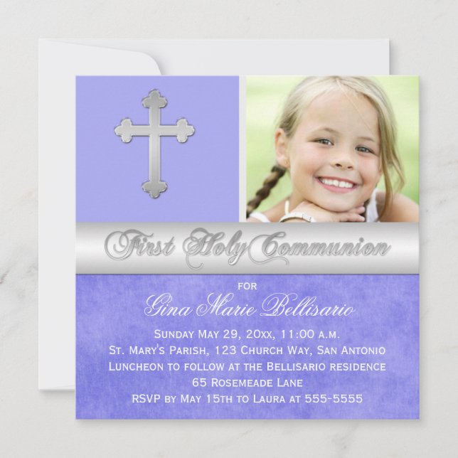 Purple Silver 1st Holy Communion Photo Invitation (Front)